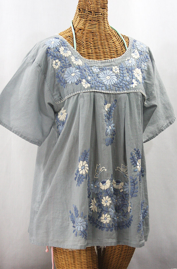 "La Mariposa Libre" Plus Size Mexican Peasant Blouse - Grey + Grey Mix