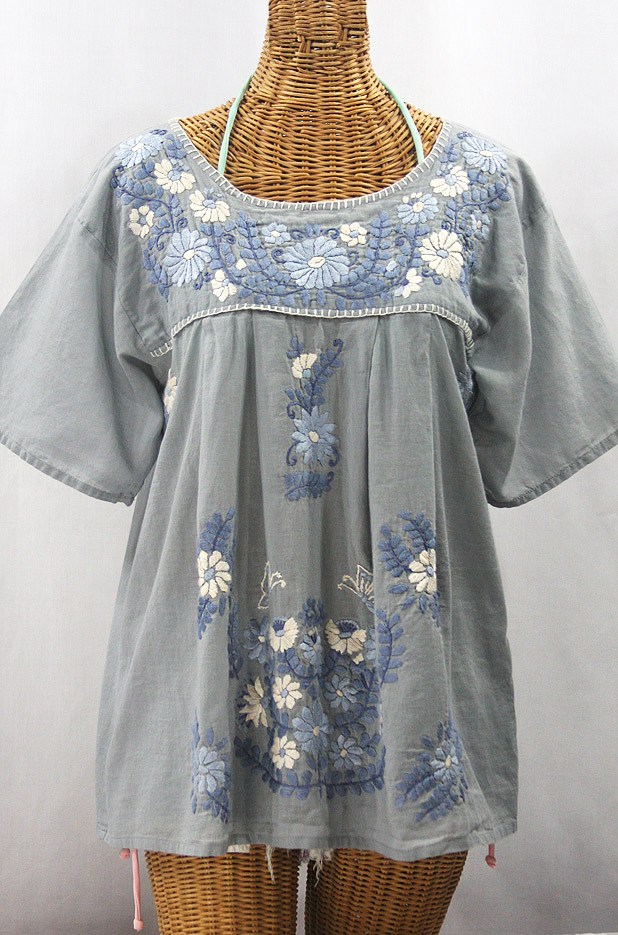 "La Mariposa Libre" Plus Size Mexican Peasant Blouse - Grey + Grey Mix