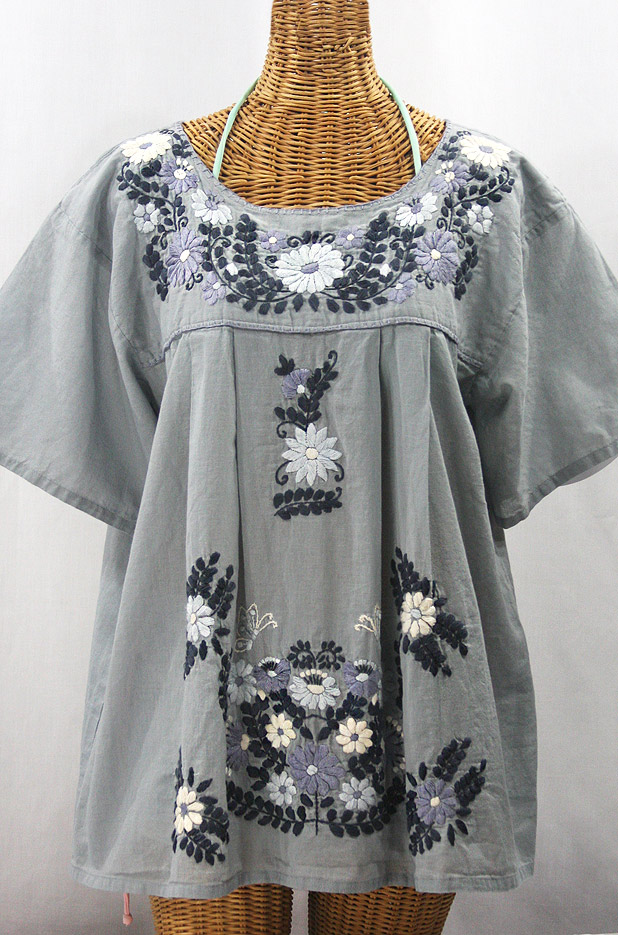 "La Mariposa Libre" Plus Size Mexican Peasant Blouse - Grey + Grey Mix