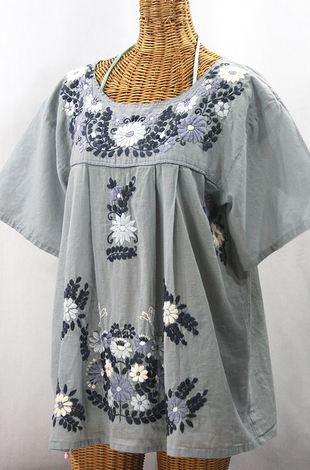 "La Mariposa Libre" Plus Size Mexican Peasant Blouse - Grey + Grey Mix