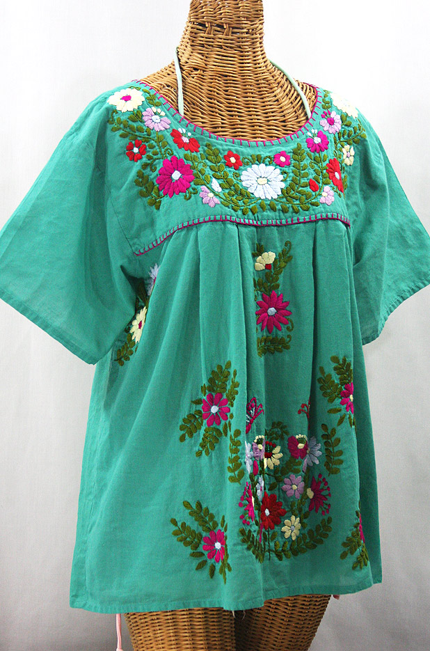 "La Mariposa Libre" Plus Size Mexican Peasant Blouse - Mint + Multi