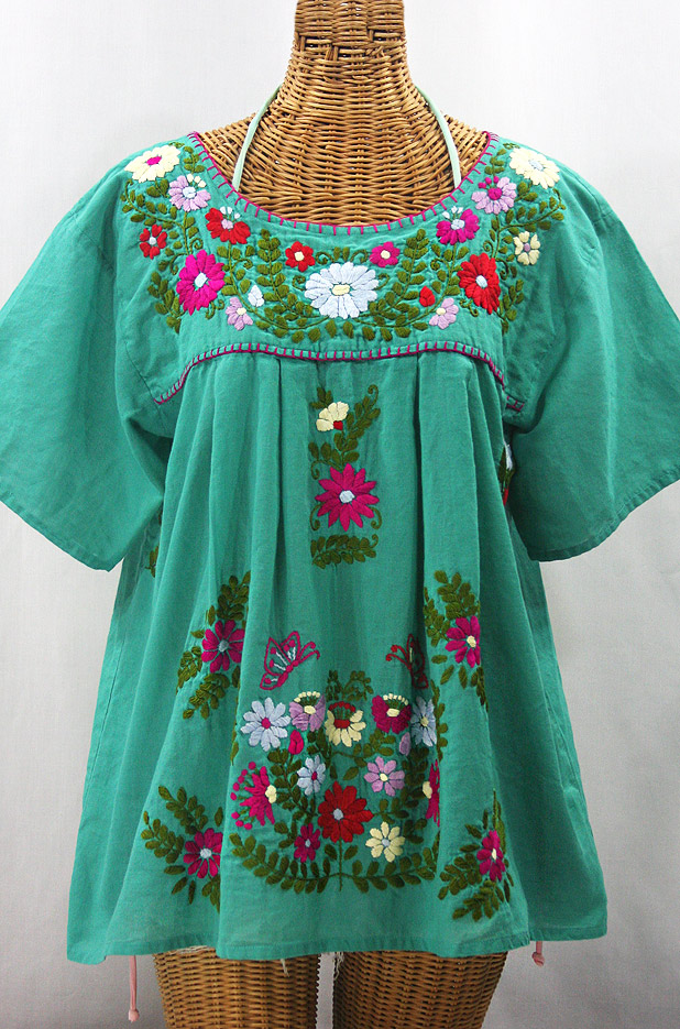 "La Mariposa Libre" Plus Size Mexican Peasant Blouse - Mint + Multi