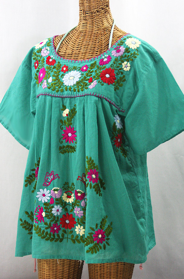 "La Mariposa Libre" Plus Size Mexican Peasant Blouse - Mint + Multi