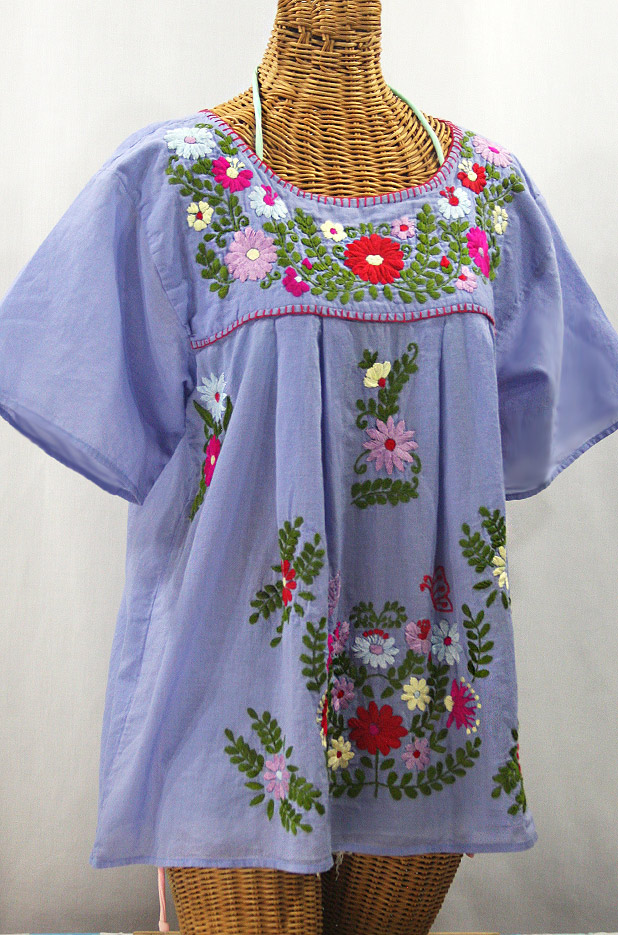 "La Mariposa Libre" Plus Size Mexican Peasant Blouse - Periwinkle + Multi