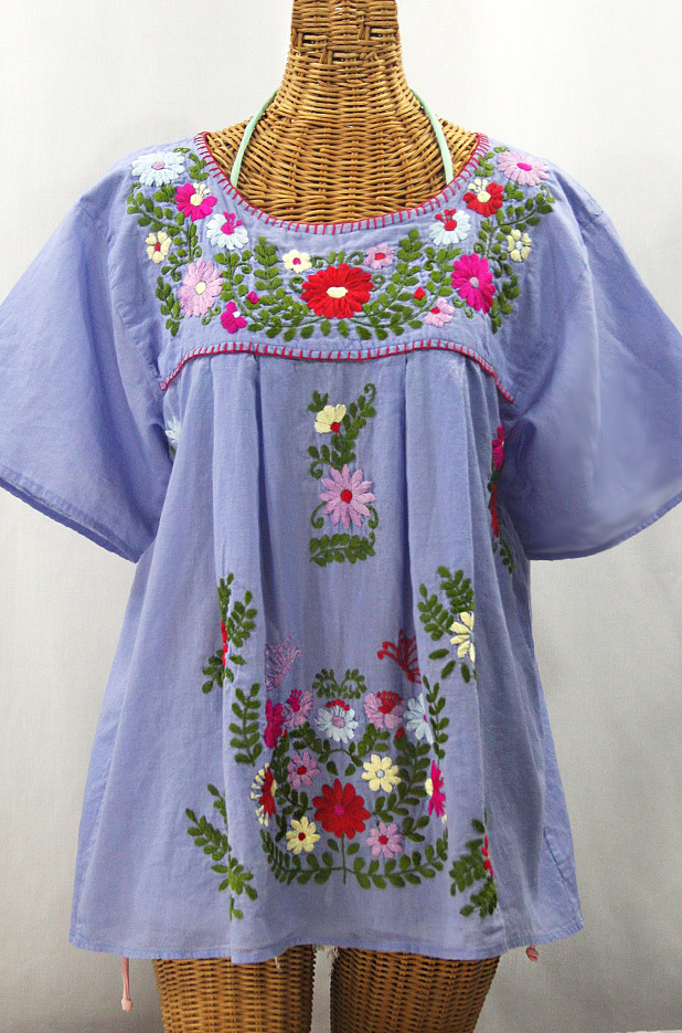 "La Mariposa Libre" Plus Size Mexican Peasant Blouse - Periwinkle + Multi