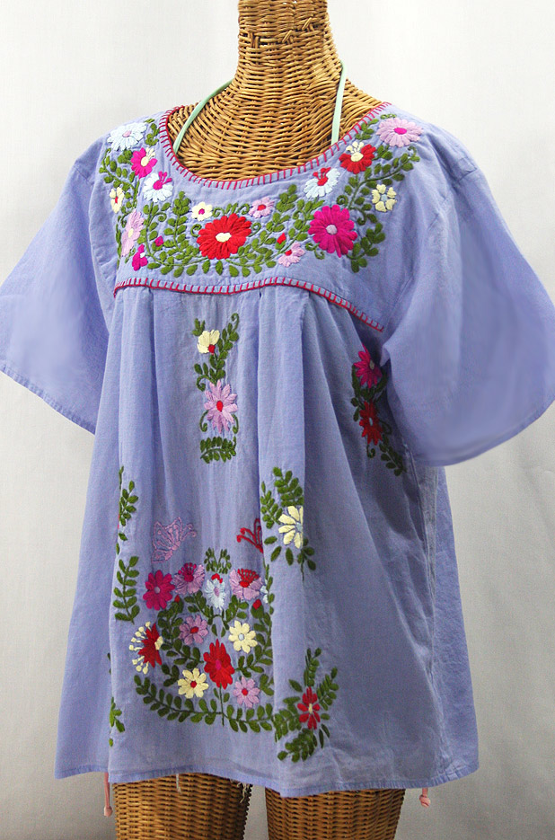 "La Mariposa Libre" Plus Size Mexican Peasant Blouse - Periwinkle + Multi