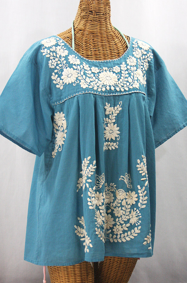 "La Mariposa Libre" Plus Size Mexican Peasant Blouse - Pool Blue + Cream