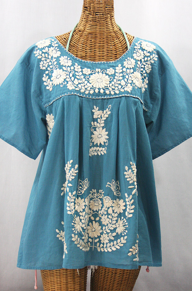 "La Mariposa Libre" Plus Size Mexican Peasant Blouse - Pool Blue + Cream