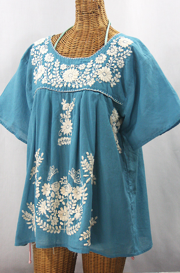 "La Mariposa Libre" Plus Size Mexican Peasant Blouse - Pool Blue + Cream