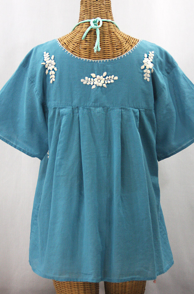 "La Mariposa Libre" Plus Size Mexican Peasant Blouse - Pool Blue + Cream