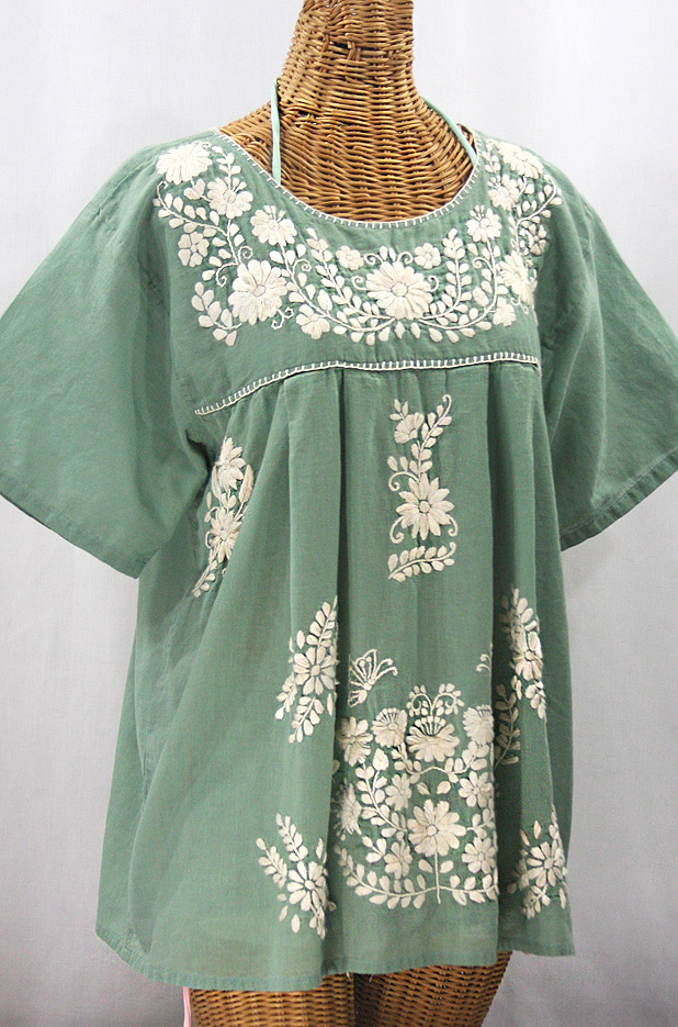 "La Mariposa Libre" Plus Size Mexican Peasant Blouse - Sage Green + Cream