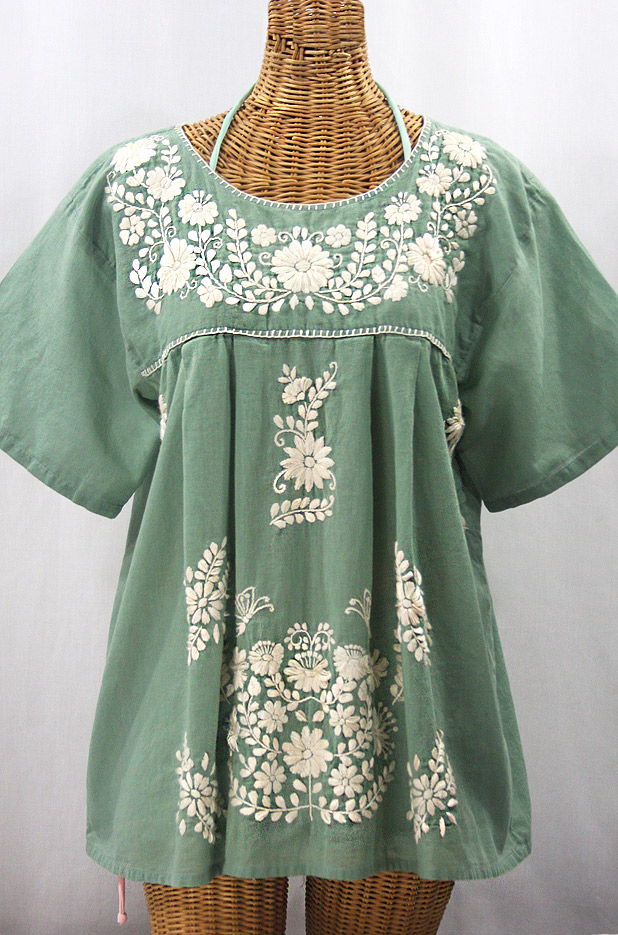 "La Mariposa Libre" Plus Size Mexican Peasant Blouse - Sage Green + Cream