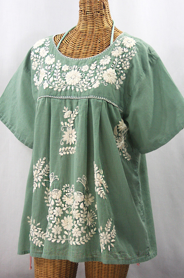 "La Mariposa Libre" Plus Size Mexican Peasant Blouse - Sage Green + Cream