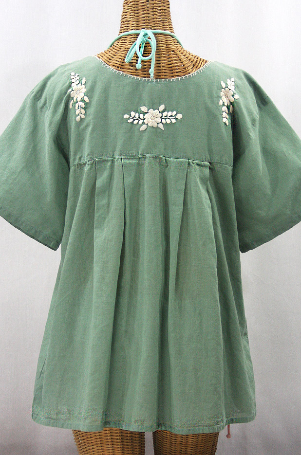 "La Mariposa Libre" Plus Size Mexican Peasant Blouse - Sage Green + Cream