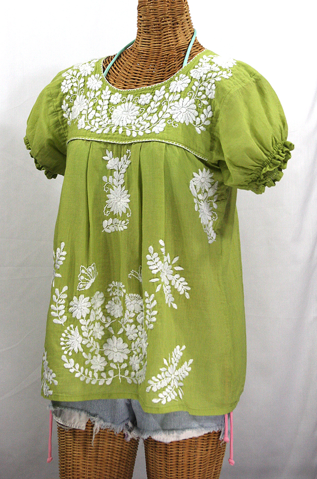 "La Mariposa Corta" Embroidered Mexican Style Peasant Top - Moss Green
