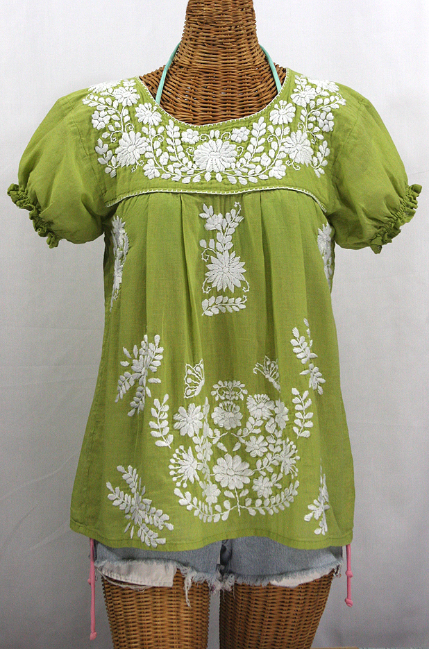 "La Mariposa Corta" Embroidered Mexican Style Peasant Top - Moss Green