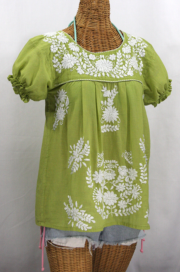 "La Mariposa Corta" Embroidered Mexican Style Peasant Top - Moss Green