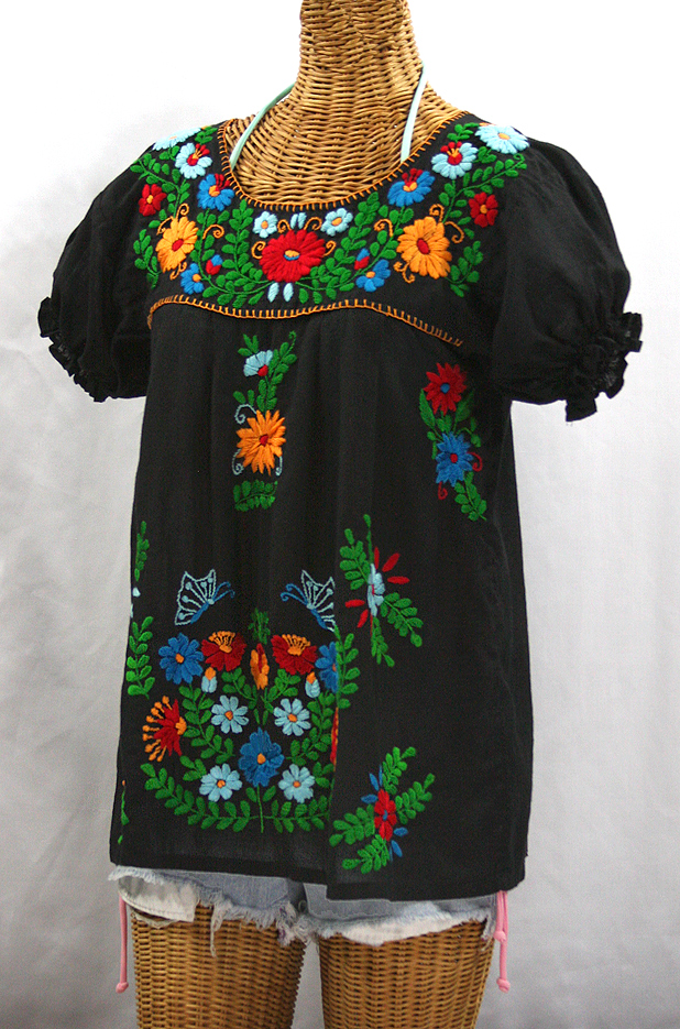 "La Mariposa Corta de Color" Embroidered Mexican Blouse - Black + Fiesta
