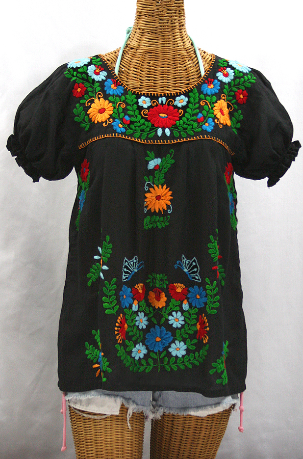 "La Mariposa Corta de Color" Embroidered Mexican Blouse - Black + Fiesta