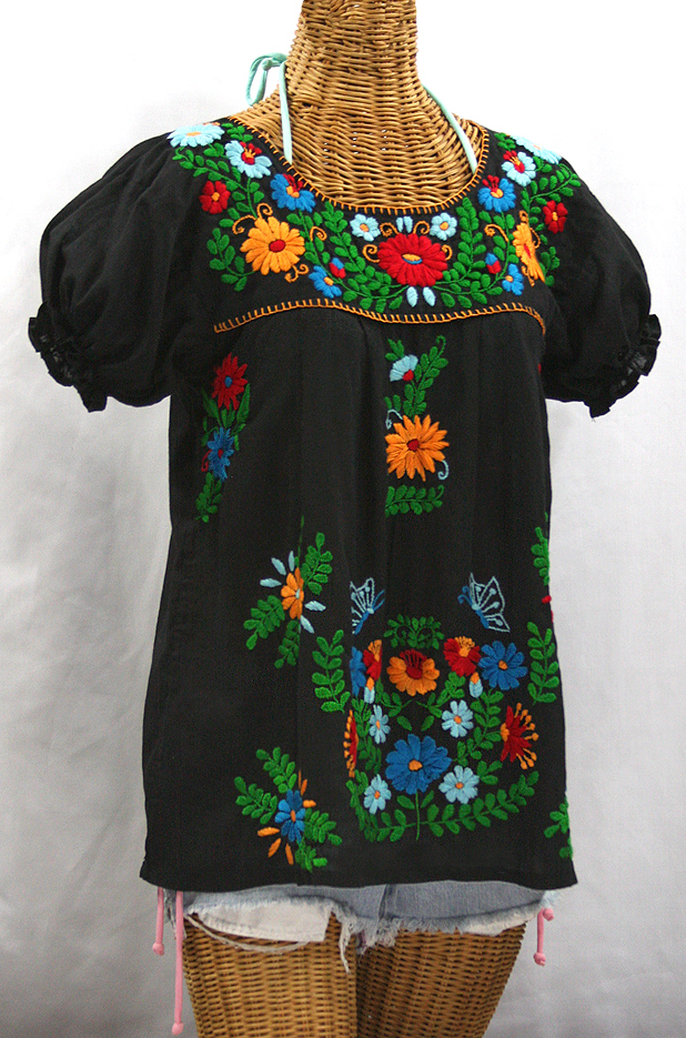 "La Mariposa Corta de Color" Embroidered Mexican Blouse - Black + Fiesta