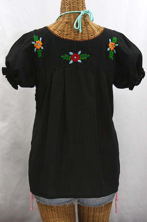 "La Mariposa Corta de Color" Embroidered Mexican Blouse - Black + Fiesta