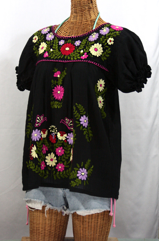 "La Mariposa Corta de Color" Embroidered Mexican Blouse - Black