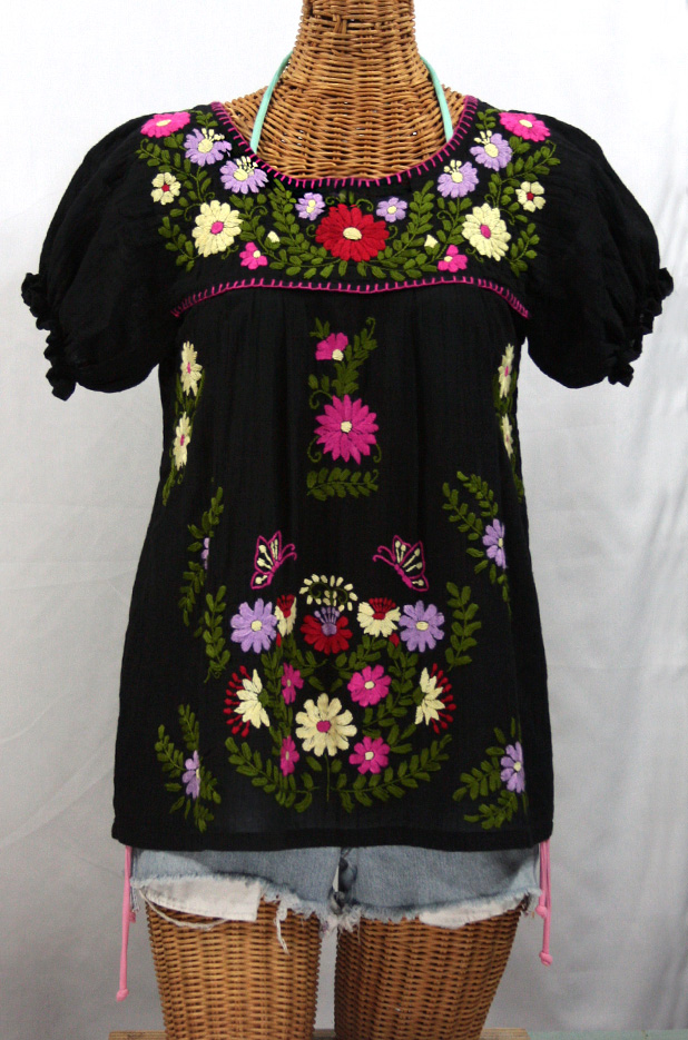 "La Mariposa Corta de Color" Embroidered Mexican Blouse - Black