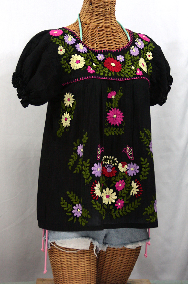 "La Mariposa Corta de Color" Embroidered Mexican Blouse - Black