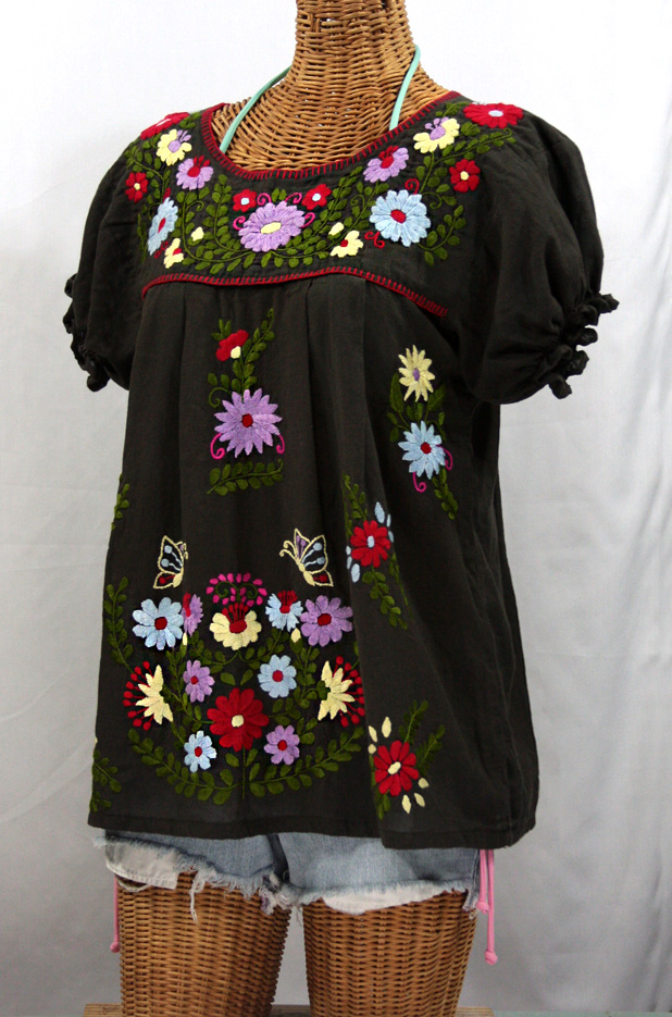 "La Mariposa Corta de Color" Mexican Blouse - Dark Chocolate Brown