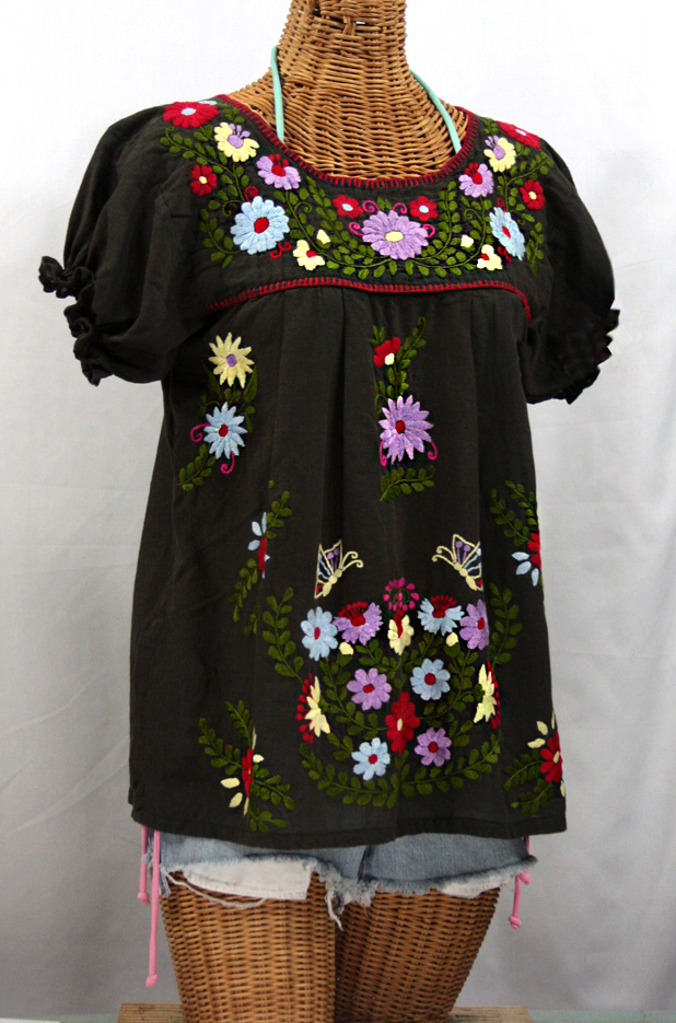 "La Mariposa Corta de Color" Mexican Blouse - Dark Chocolate Brown