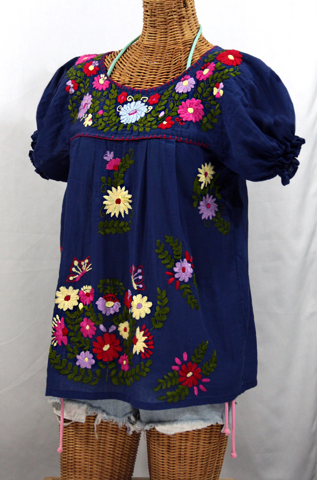 "La Mariposa Corta de Color" Embroidered Peasant Blouse - Denim Blue