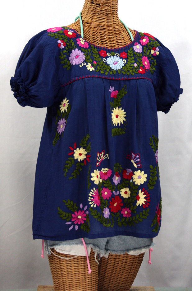 "La Mariposa Corta de Color" Embroidered Peasant Blouse - Denim Blue