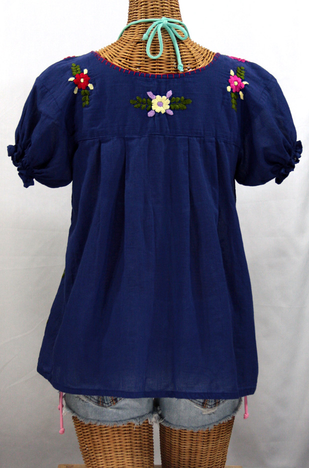 "La Mariposa Corta de Color" Embroidered Peasant Blouse - Denim Blue