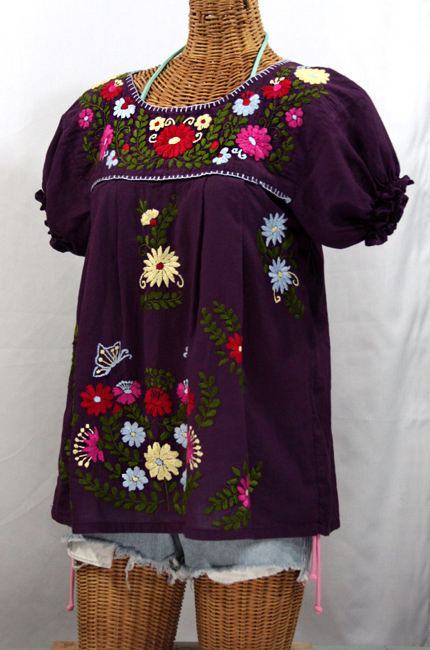 "La Mariposa Corta de Color" Embroidered Mexican Blouse - Plum