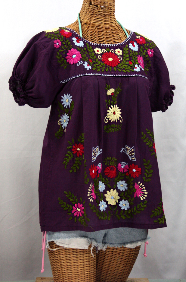 "La Mariposa Corta de Color" Embroidered Mexican Blouse - Plum