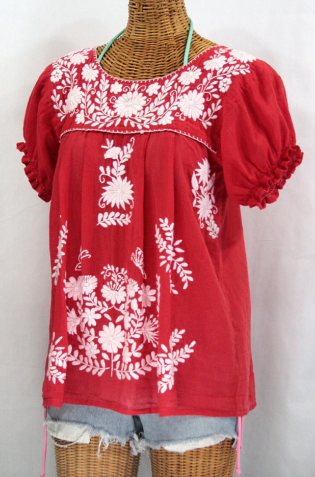 "La Mariposa Corta" Embroidered Mexican Style Peasant Top - Red