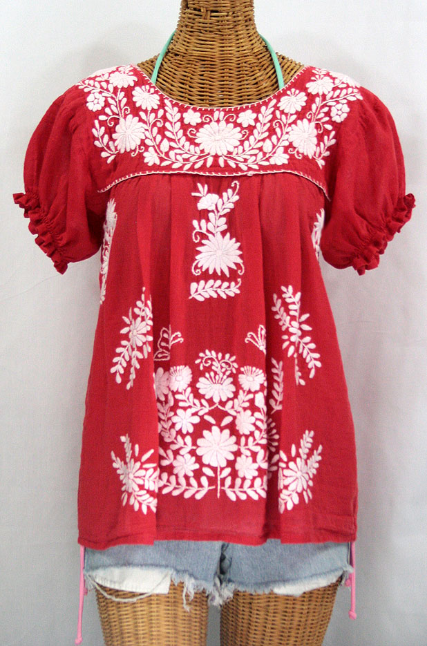 "La Mariposa Corta" Embroidered Mexican Style Peasant Top - Red