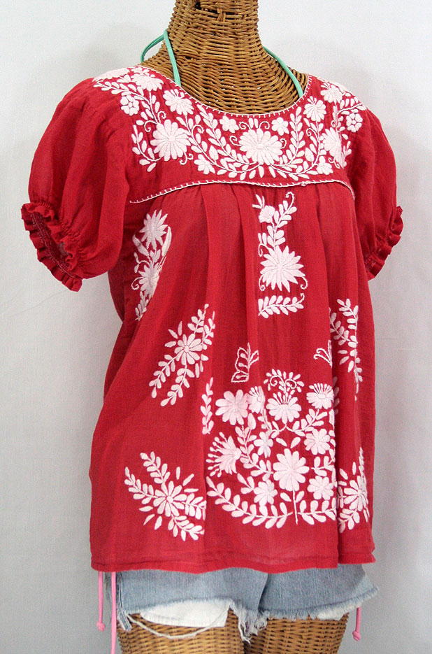 "La Mariposa Corta" Embroidered Mexican Style Peasant Top - Red