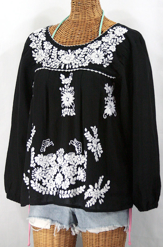 "La Mariposa Larga" Embroidered Mexican Style Peasant Top - Black