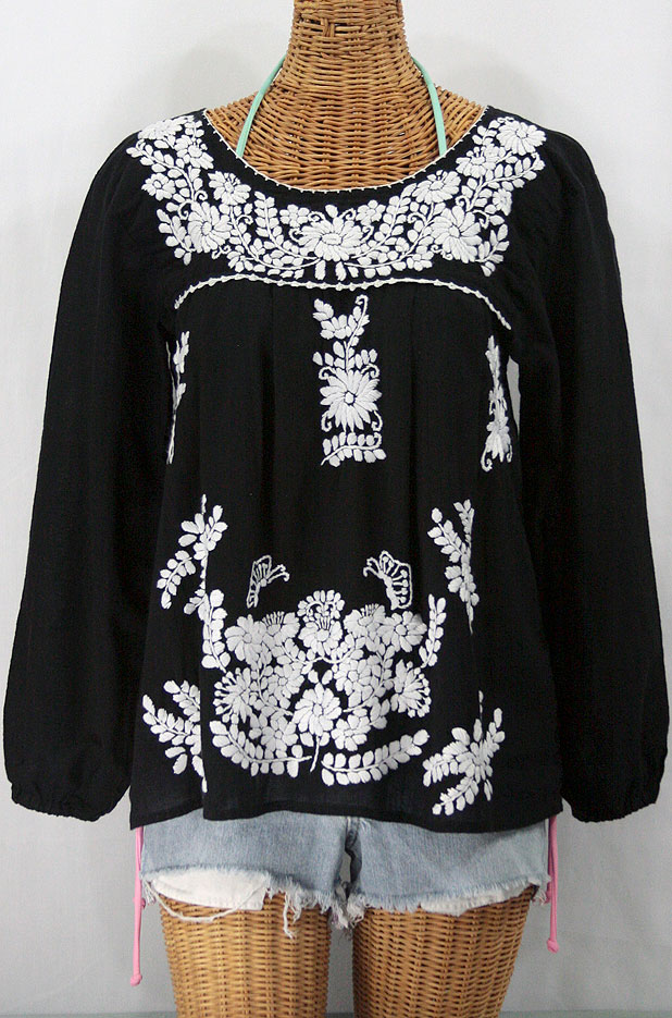"La Mariposa Larga" Embroidered Mexican Style Peasant Top - Black