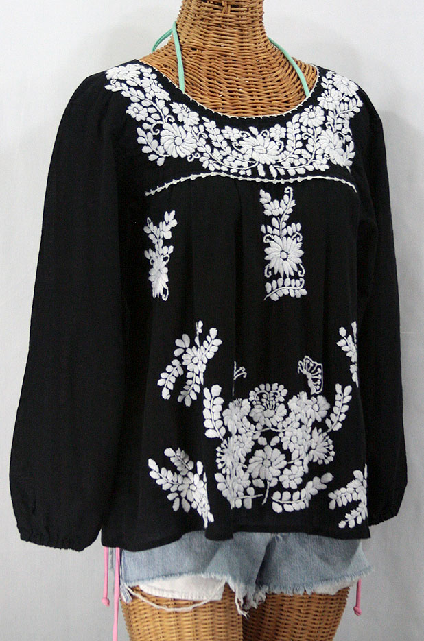 "La Mariposa Larga" Embroidered Mexican Style Peasant Top - Black