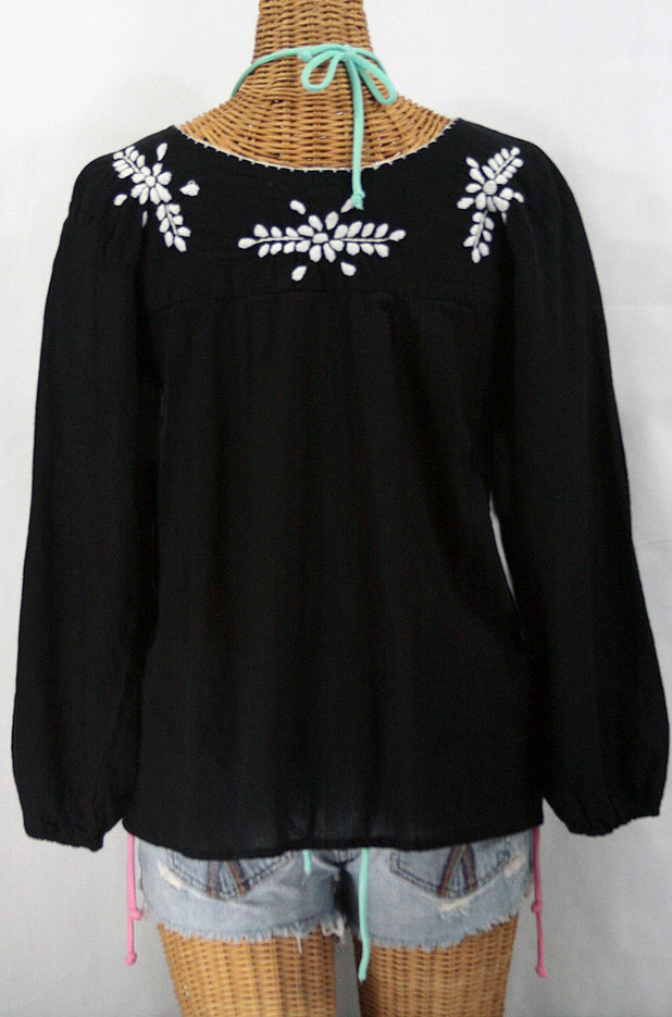 "La Mariposa Larga" Embroidered Mexican Style Peasant Top - Black