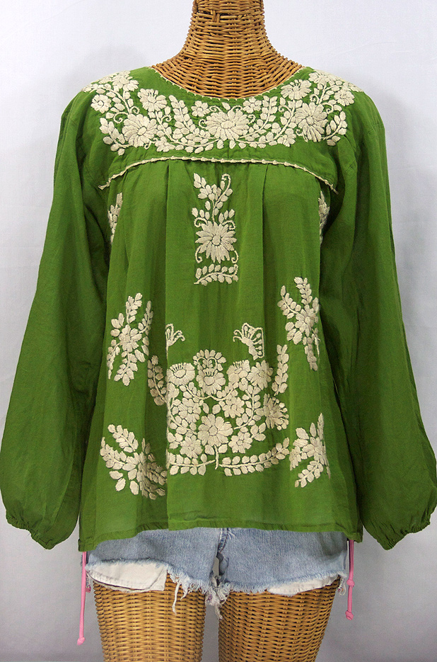 "La Mariposa Larga" Embroidered Mexican Style Peasant Top - Fern Green + Cream