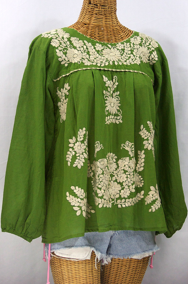 "La Mariposa Larga" Embroidered Mexican Style Peasant Top - Fern Green + Cream