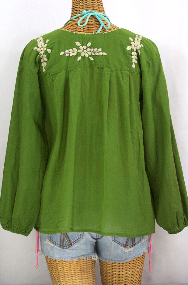 "La Mariposa Larga" Embroidered Mexican Style Peasant Top - Fern Green + Cream