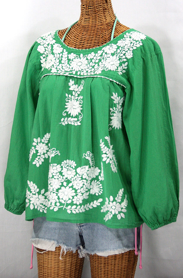 "La Mariposa Larga" Embroidered Mexican Style Peasant Top - Green