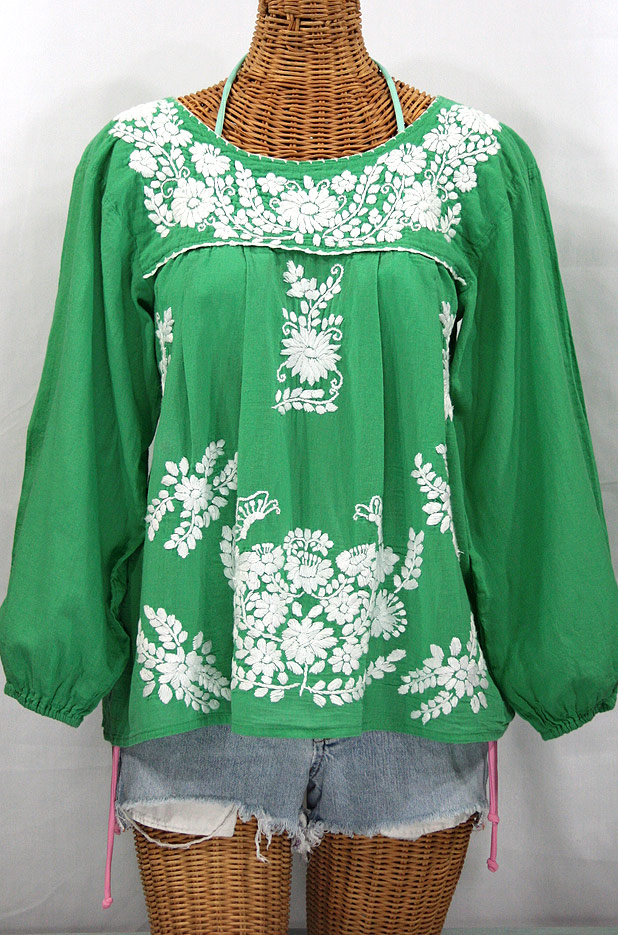 "La Mariposa Larga" Embroidered Mexican Style Peasant Top - Green