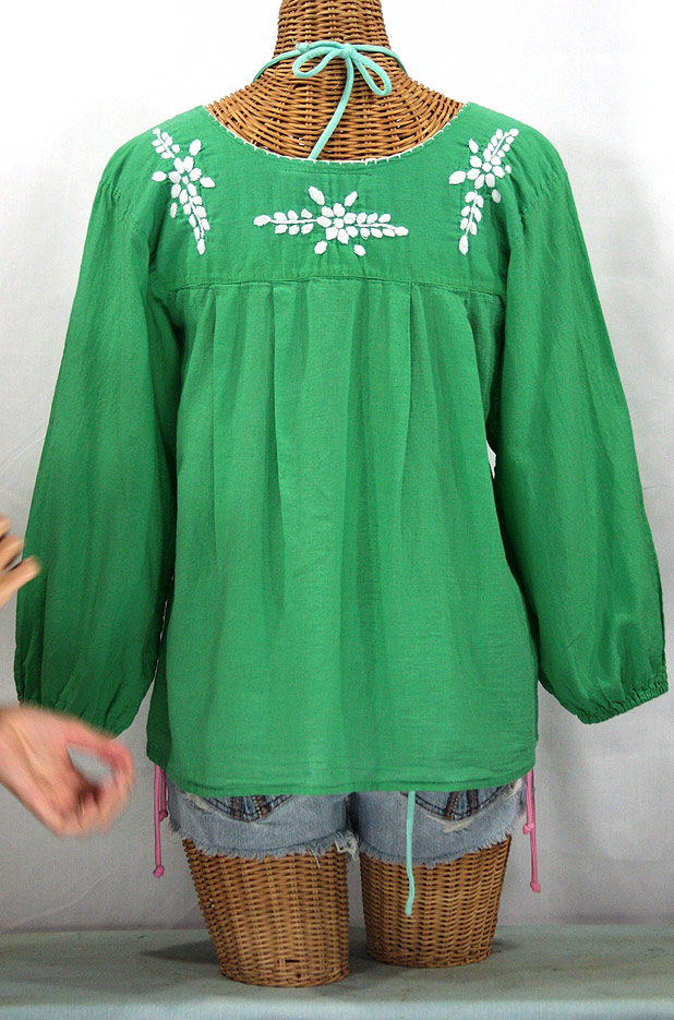 "La Mariposa Larga" Embroidered Mexican Style Peasant Top - Green