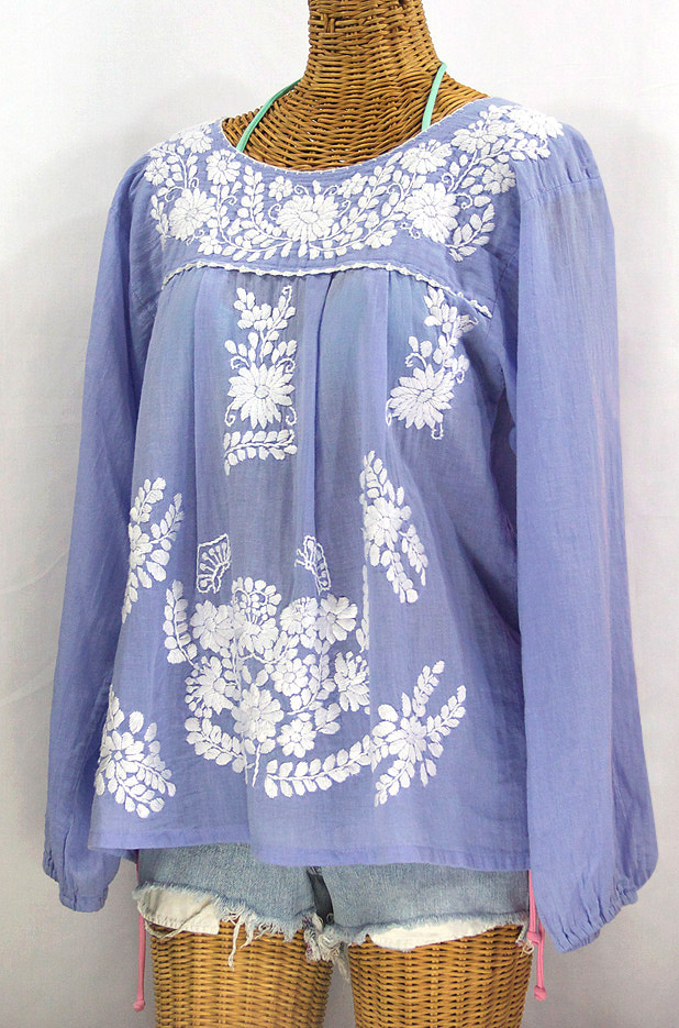 "La Mariposa Larga" Embroidered Mexican Style Peasant Top - Periwinkle + White