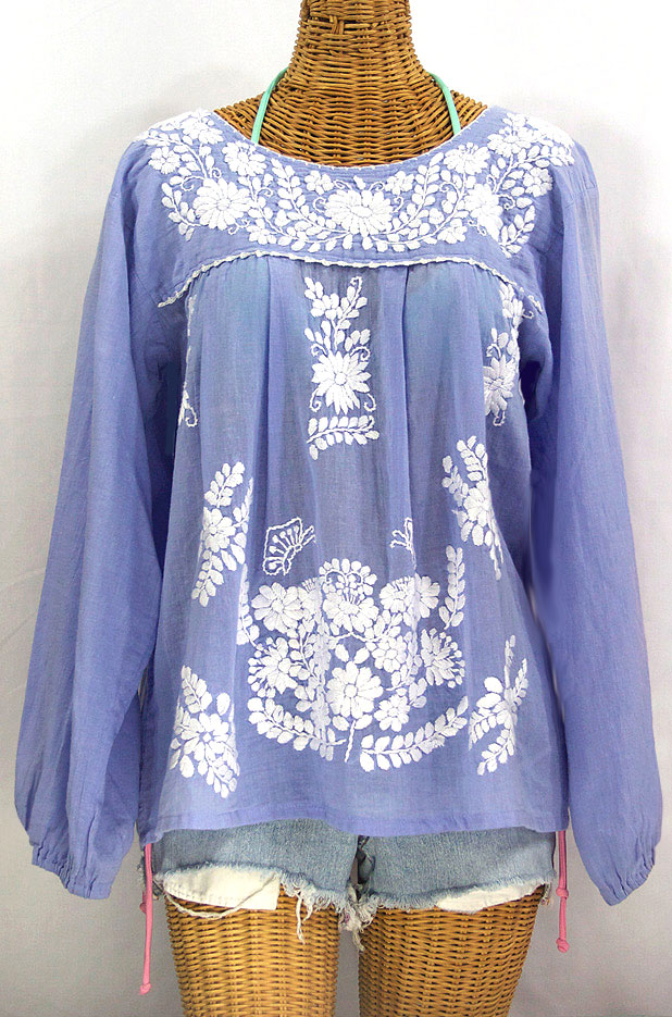 "La Mariposa Larga" Embroidered Mexican Style Peasant Top - Periwinkle + White